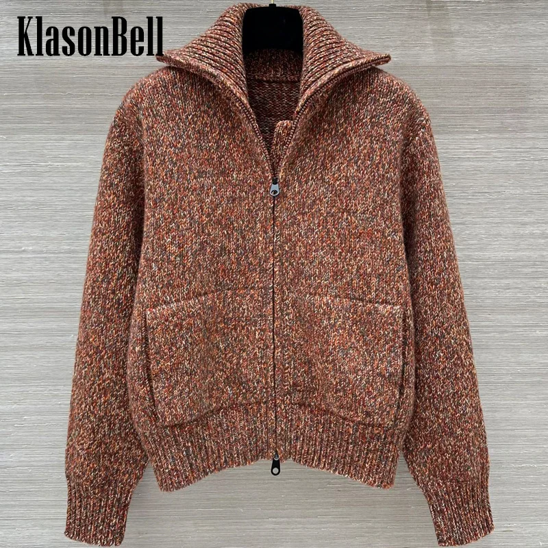 

9.1 KlasonBell Women Classic Casual Fancy Coarse Yarn Turn-down Collar Zipper Cardigan Double Pocket Cashmere Knit Coat