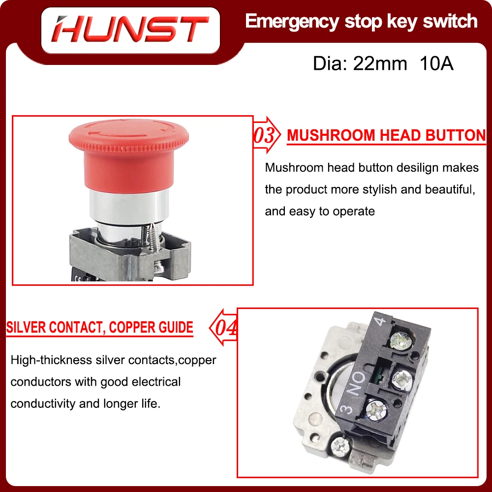 Pulsante di arresto di emergenza Hunst interruttore a chiave NC NO AC15 10A per macchina da taglio per incisione Laser CO2 e macchina per marcatura