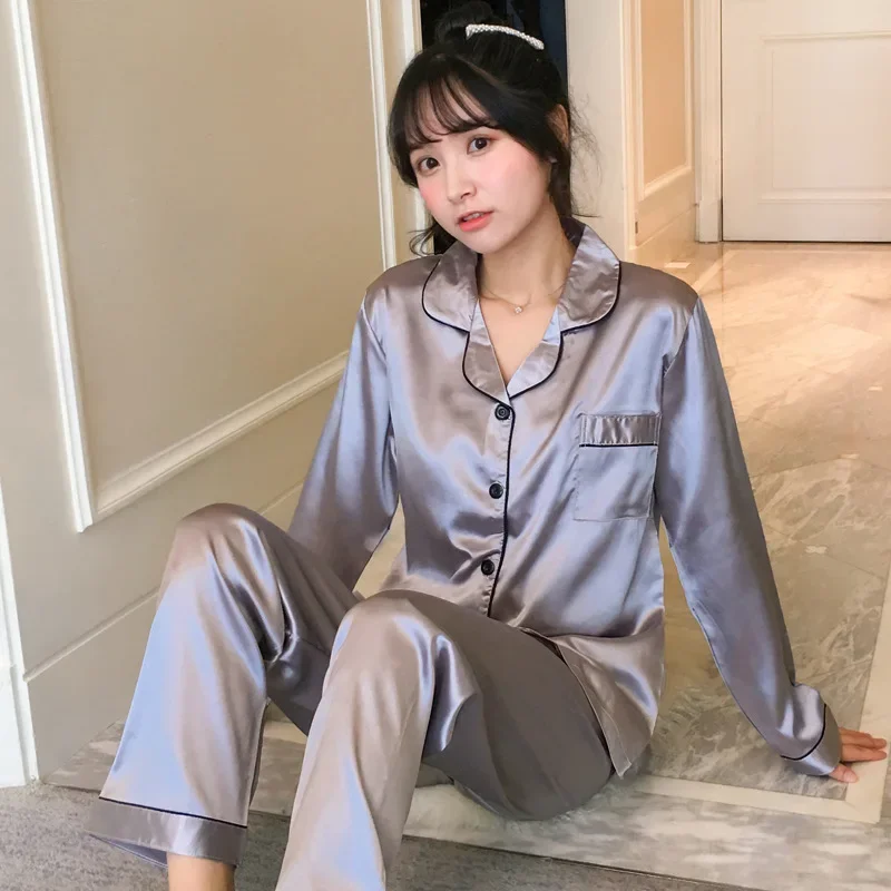 Pijamas de seda fina para mujer, ropa de casa con cuello holgado, pantalones largos de manga larga, conjunto de dos piezas, ropa de dormir femenina, primavera y otoño