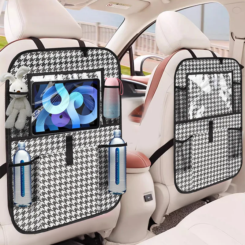 منظم تخزين المقعد الخلفي للسيارة للأطفال ، حصيرة مضادة للركل ، واقي المقعد الخلفي مع شاشة تعمل باللمس ، حامل الكمبيوتر اللوحي ، إكسسوارات السفر للسيارات