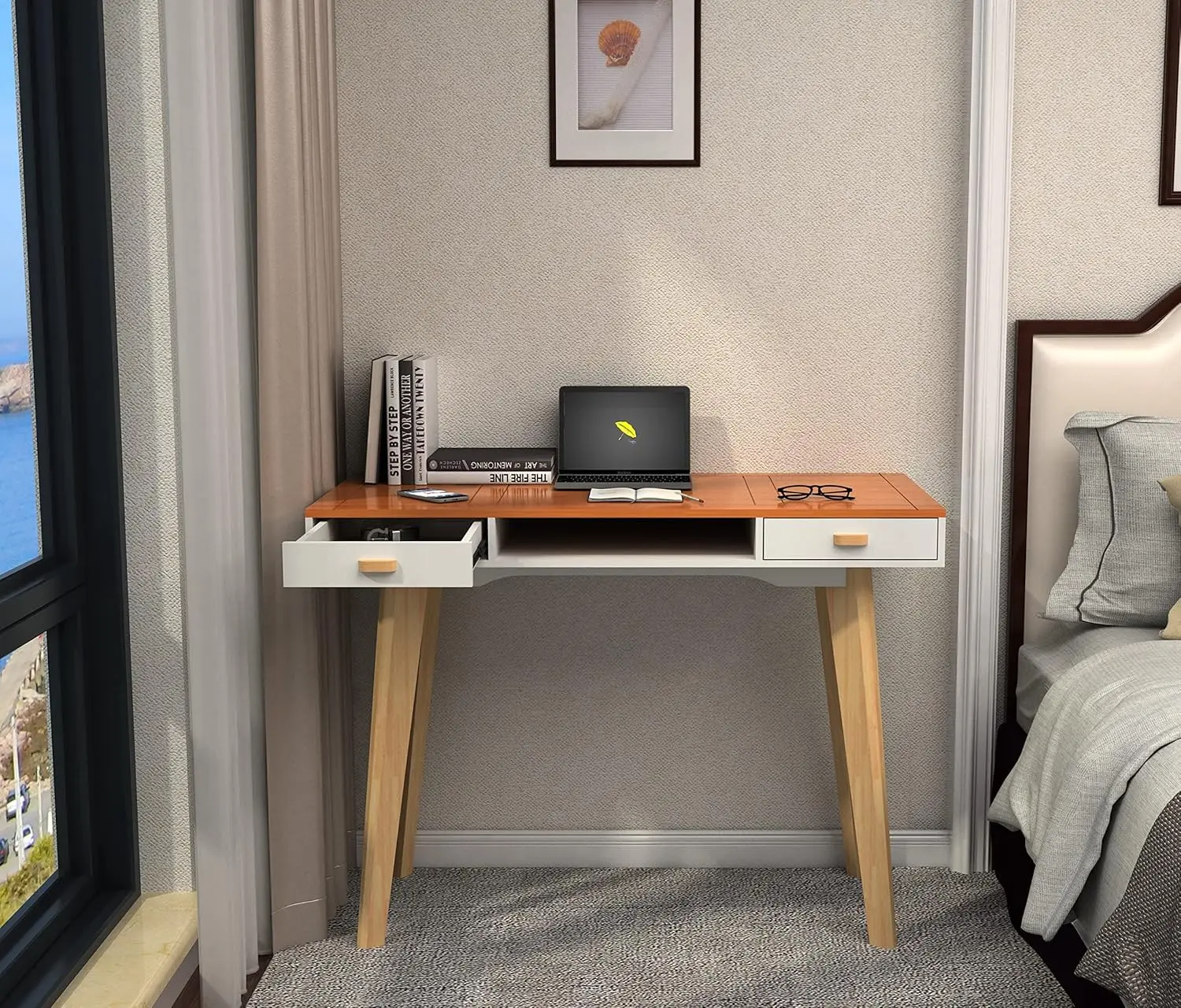 ！@Combohome Solid Wood Office Desk with 2 Drawers and Opening Storage Cube
