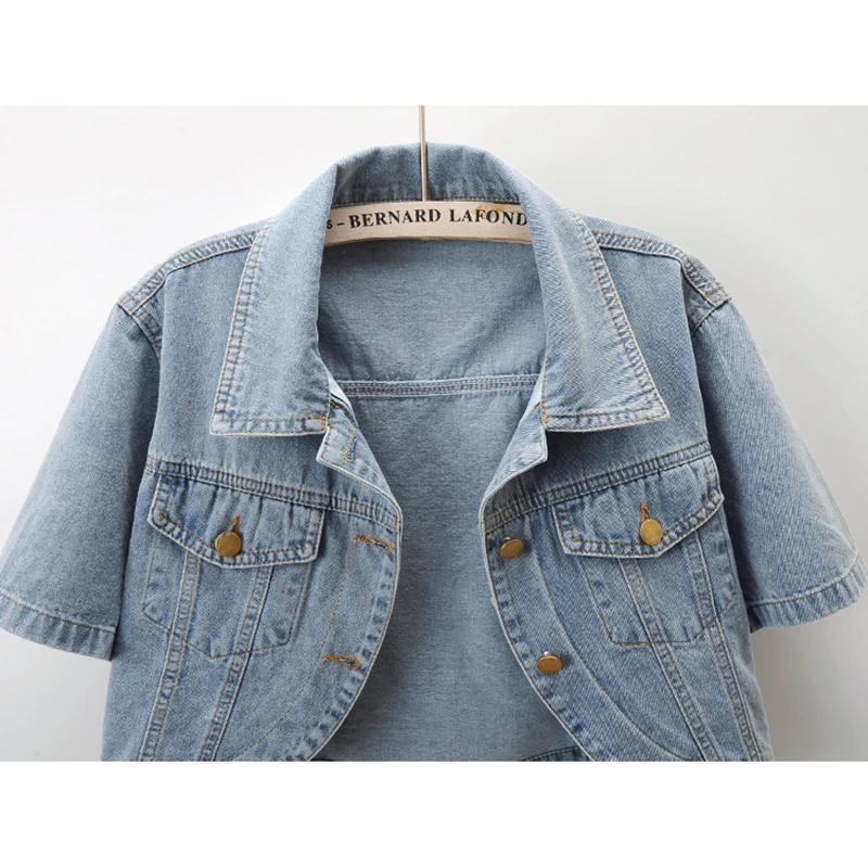 Lente Zomer Grote Zak Korte Mouw Denim Jas Vrouwen Slanke Korte Student Cowboy Bovenkleding Vintage Blue Jeans Jas Vrouwelijke