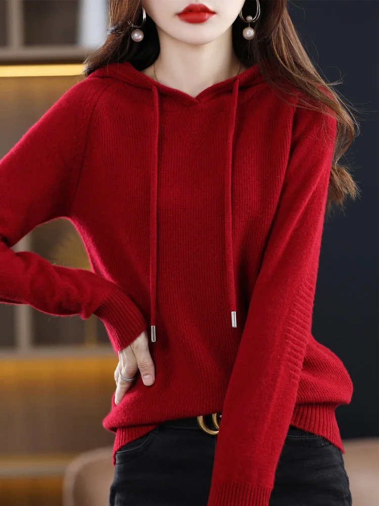 Damski sweter z wełny na jesień i zimę, z kapturem, dzianinowy, żakardowy, z rękawami raglanowymi, wykonany w 100% z wełny merino, ciepły, swobodny i wygodny.