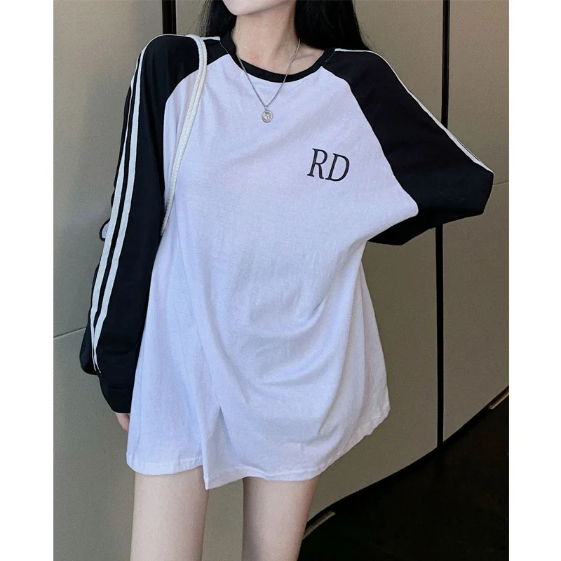 Spring New Patchwork Striped Loose T Shirt Tops Long Sleeve Round Neck All-match Pullovers Trend Korean Fashion Women Clothing