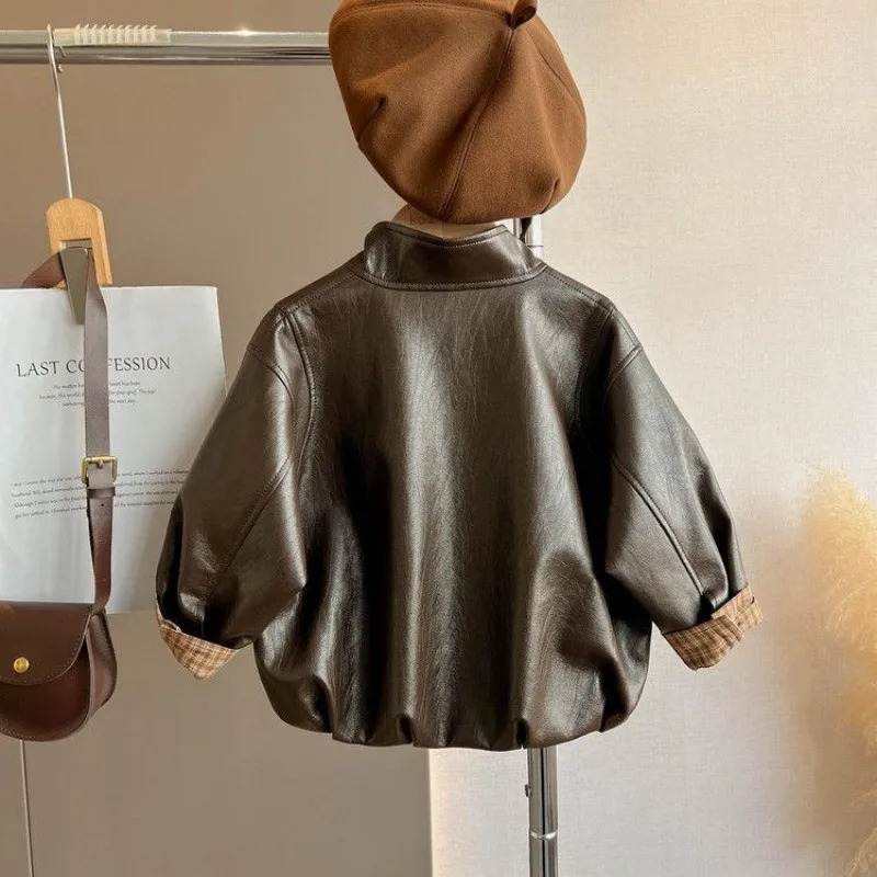 Children Vintage Leather Jacket Spring Autumn New Boys Girls Stand Collar Patchwork Coat Toddler Baby Outerwear