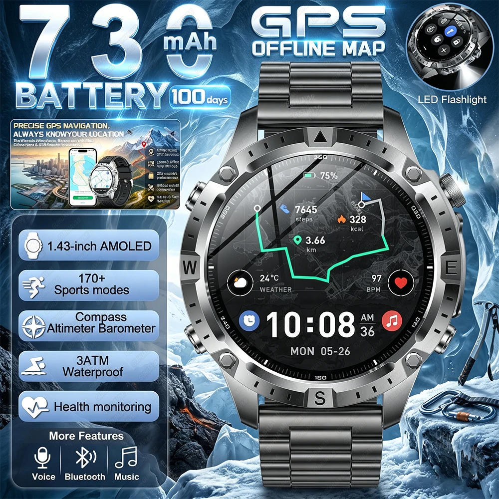 NEW Offline Map GPS Smart Watch 1.43 AMOLED Display Built-in Compass Barometric Altimeter 3ATM Flashlight Voice Call Smartwatch