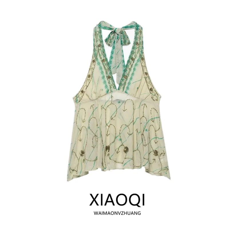 New Women's Embroidered Print Halter Neck Top Semi-Transparent Summer Fashion Loose Fit Outerwear No Chest Pad Regular Length
