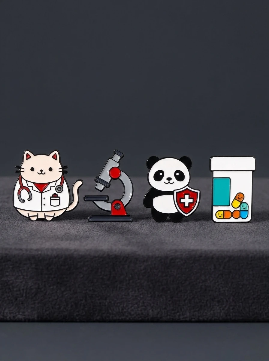 Cute Medical Themed Enamel Pins Doctor Cat Panda Microscope Pill Bottle Enamel Lapel Badges Healthcare Worker Brooches