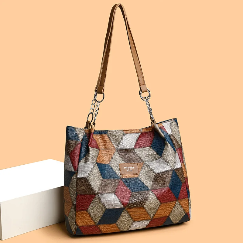 Mode Kontrast Farbe Große Kapazität Weibliche Einkaufstasche PU Leder dame Schulter Tasche Marke Designer frauen Shopper Handtaschen – Detail 2