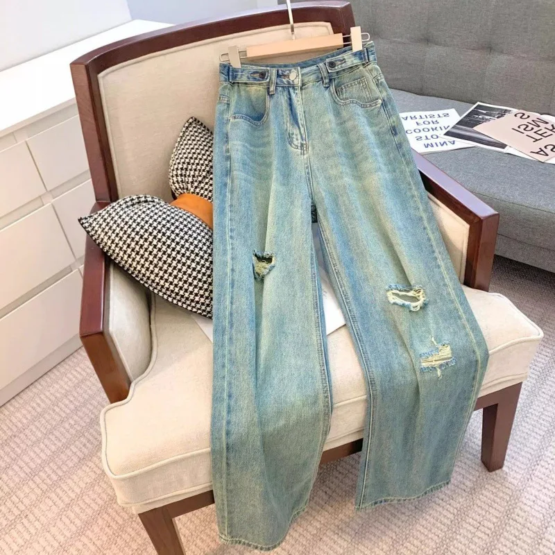 

Minority Jeans Female 2024 New Autumn High Waist Straight Wide-leg Pants retro casual design with holes in pants. jeans