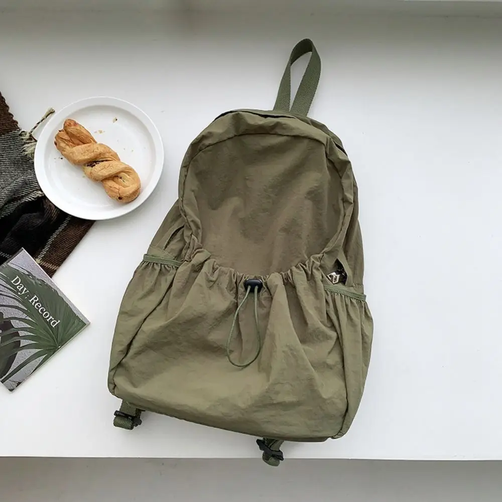 Cute Korean Style Drawstring Backpack Wrinkle Fold Light Soft Nylon Bag Tote Bag Large Capacity Shoulder Bag Travel