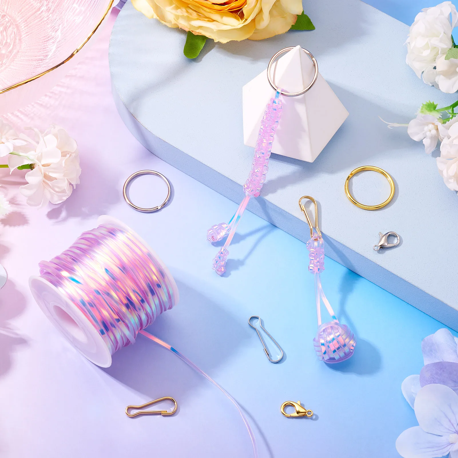 3mm Flat PVC Laser Cord for DIY Key Chain Jewelry Making Kits with Iron Split Key Rings & Key Clasp Alloy Lobster Claw Clasps