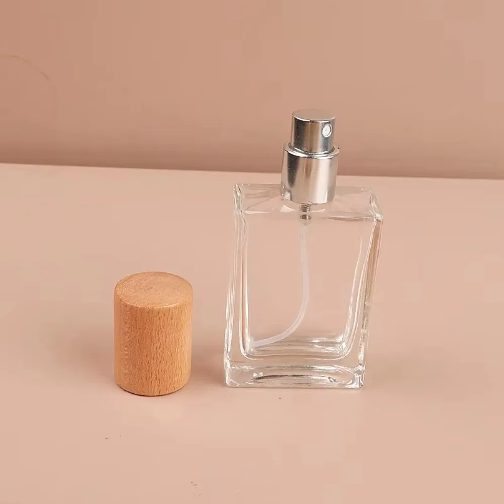 New 30ml Glass Perfume Bottle Square Shape Wood Cap Spray Bottle Clear Glass Cosmetic Container - view 3