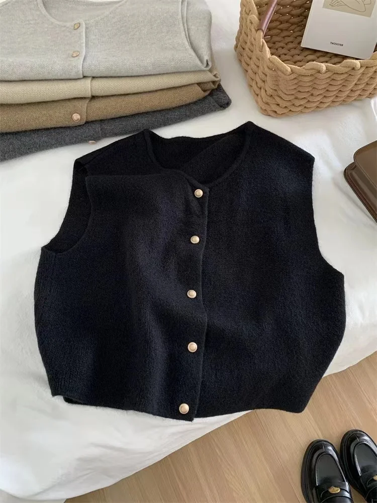 Cárdigan de punto elegante coreano para mujer, suéter sin mangas de una sola botonadura, Tops informales ajustados para mujer, otoño