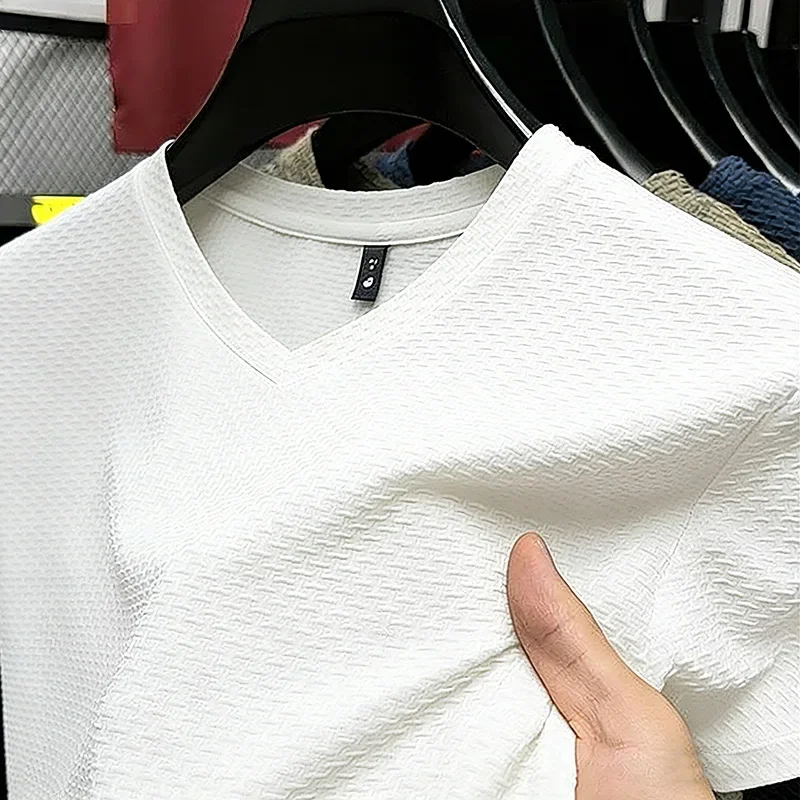 Fashion Men's Business Casual Ice Silk T-Shirt V Neck Short Sleeve Khaki Daily Work Wear image 3