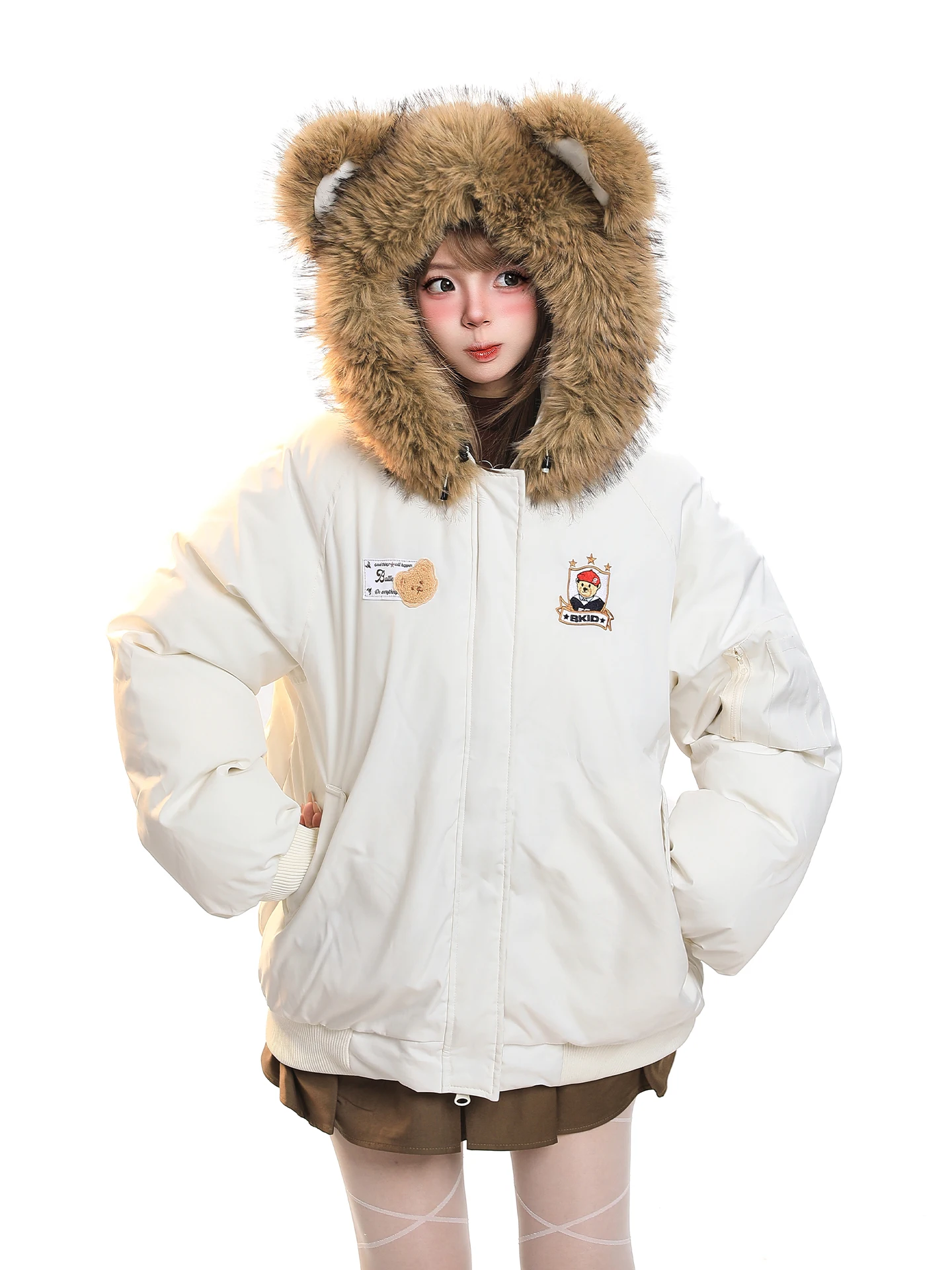 

Cute Bear Ear Hooded Cotton Jaet Women's Loose Warm Winter Coat Sweet Sle Long Sve Zipper Closure Casual Outerwear