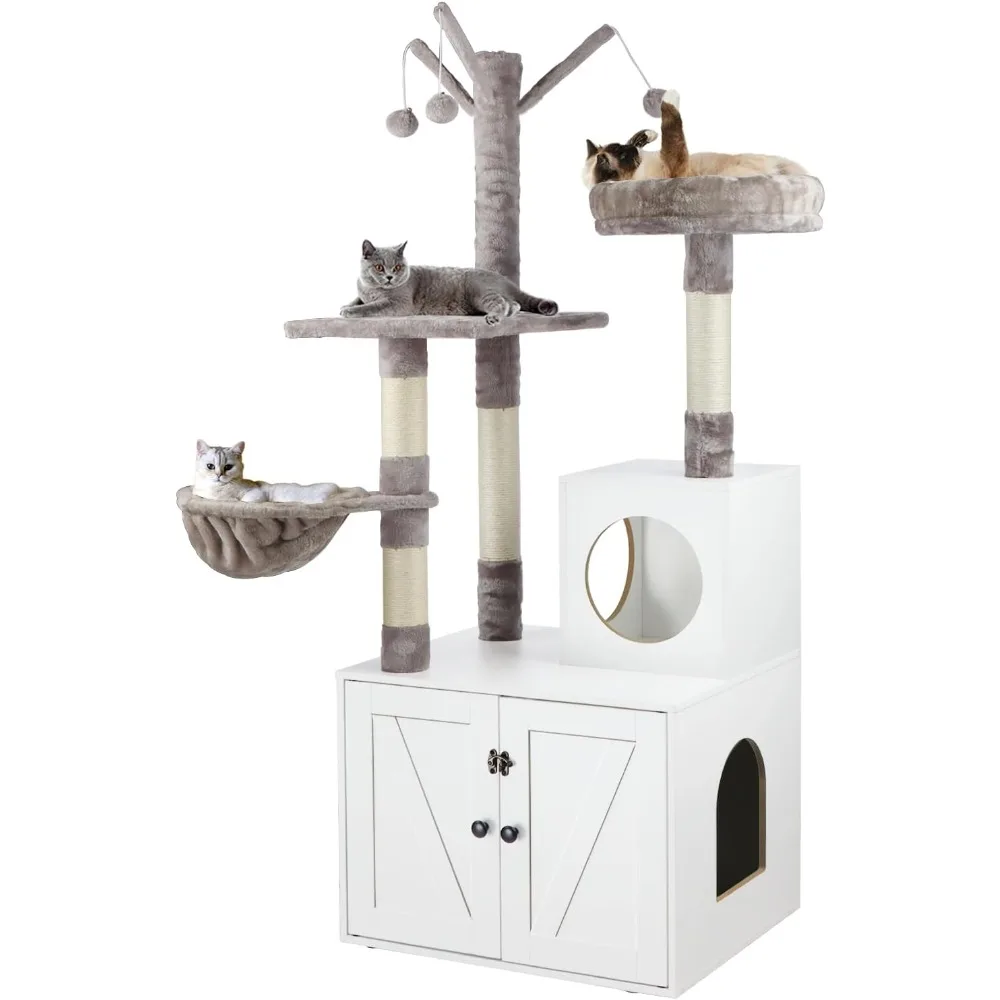 

Litter Box Enclosure with Cat Tree, 2-in-1 Hidden Litter Box Furniture with Scratching Post, Modern Cat Condo, White