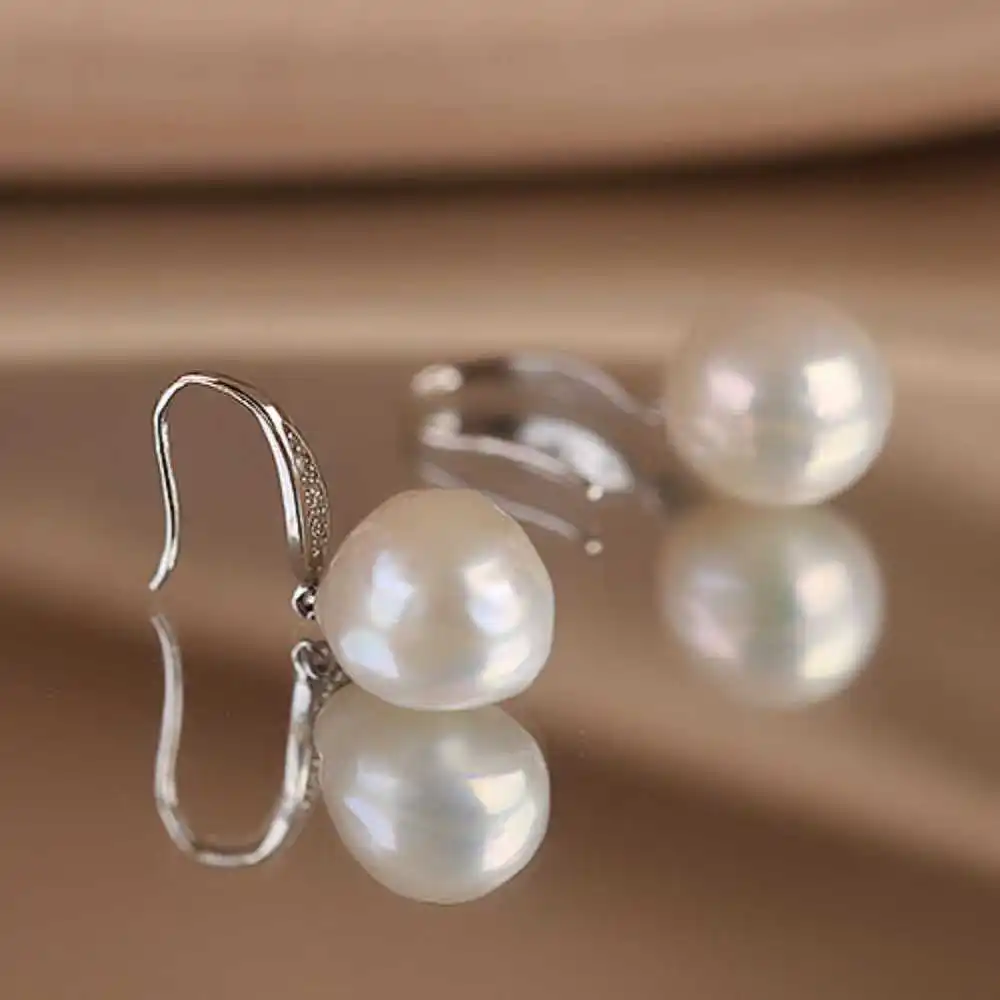 

Baroque 10-11MM Natural Freshwater cultured pearl Earrings Wedding Silver Hoop Jewelry Eardrop Meisje