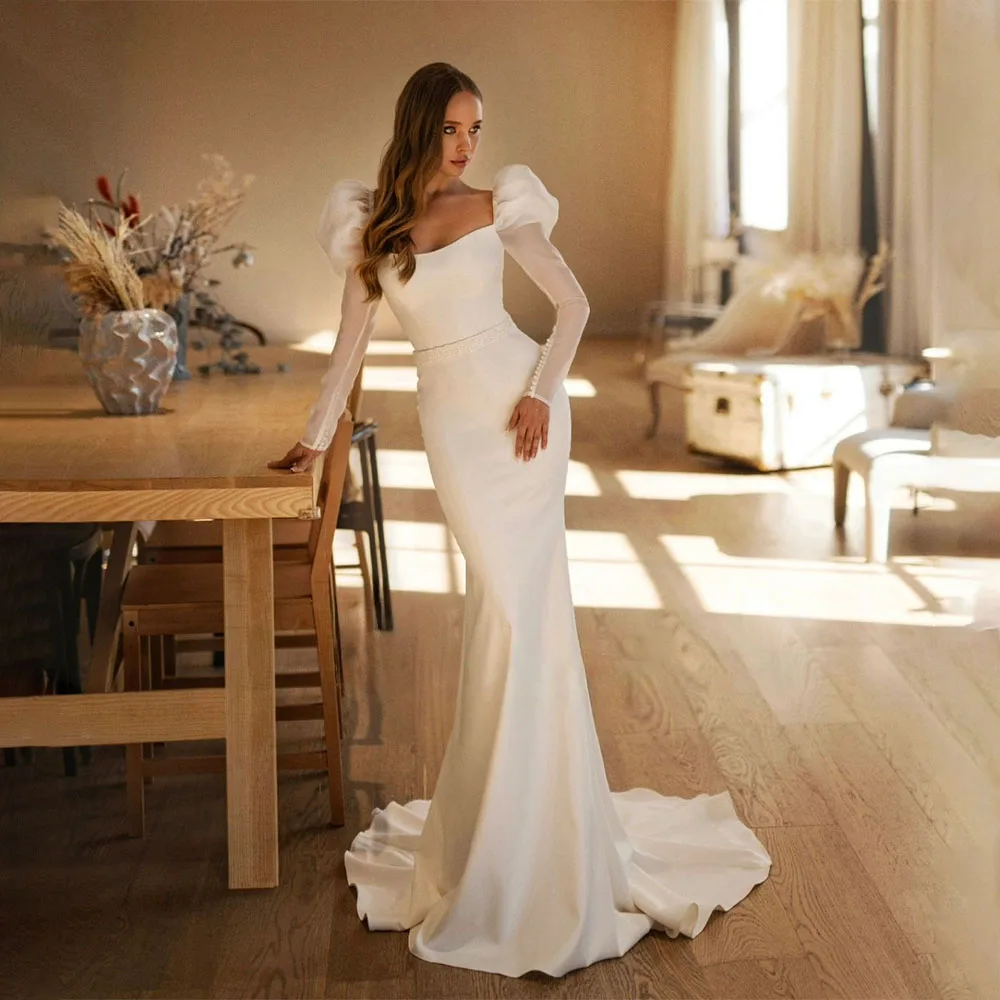 

Sexy Long Sleeves Scoop Neckline Sheath/Mermaid Wedding Dresses Sweep Train Custom Made 2024 Vestido De Noival