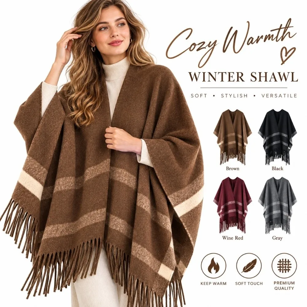 Fashion Solid Color Women's Shawl Thickened Front Open Design Sweater Shawl Cape Soft Triangle Scarf Everyday Wear