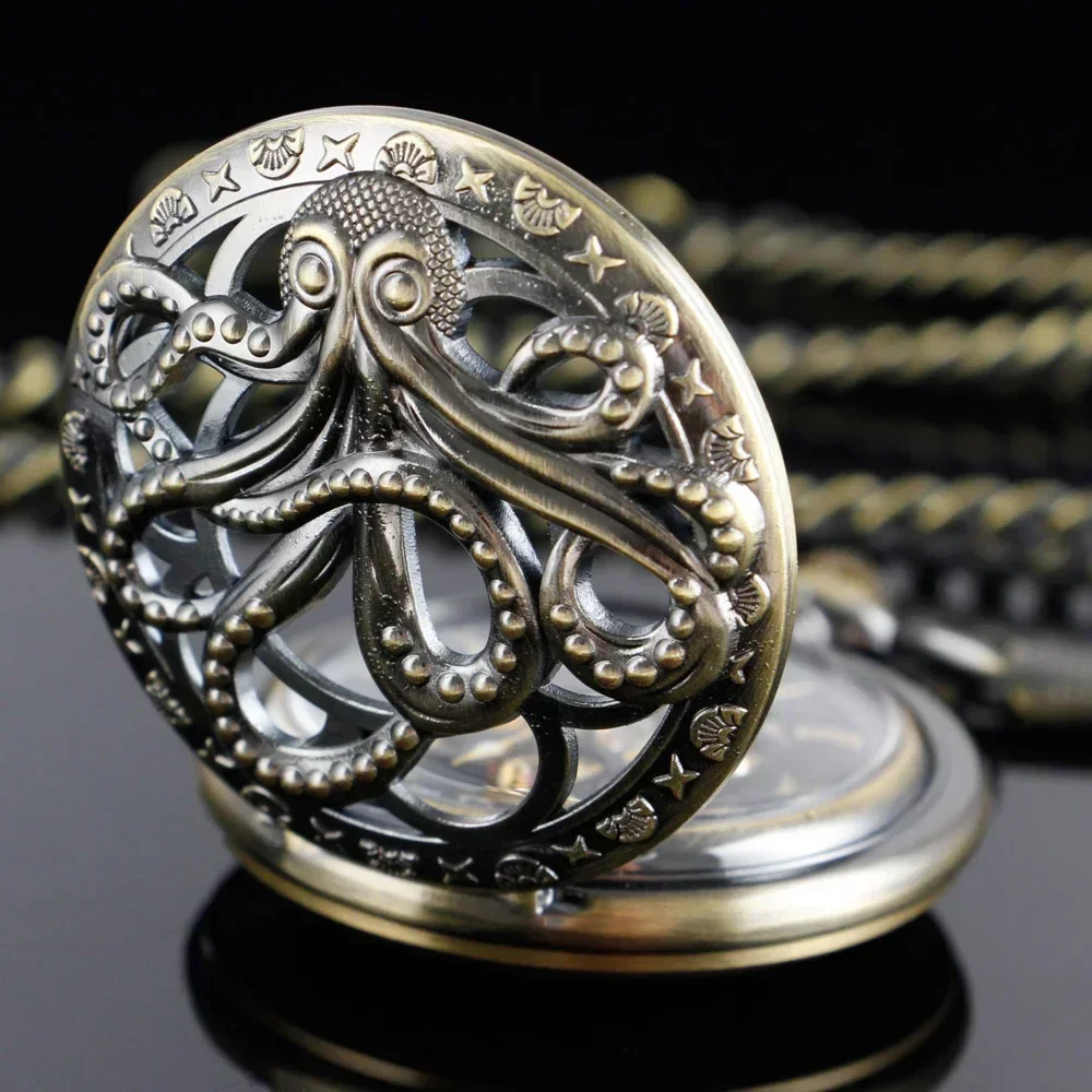 Retro Steampunk Vintage Hand Winding Mechanical Pocket Watch for Men Fob Chain Octopus Hollow Watch Pendant Gift with Watch Box