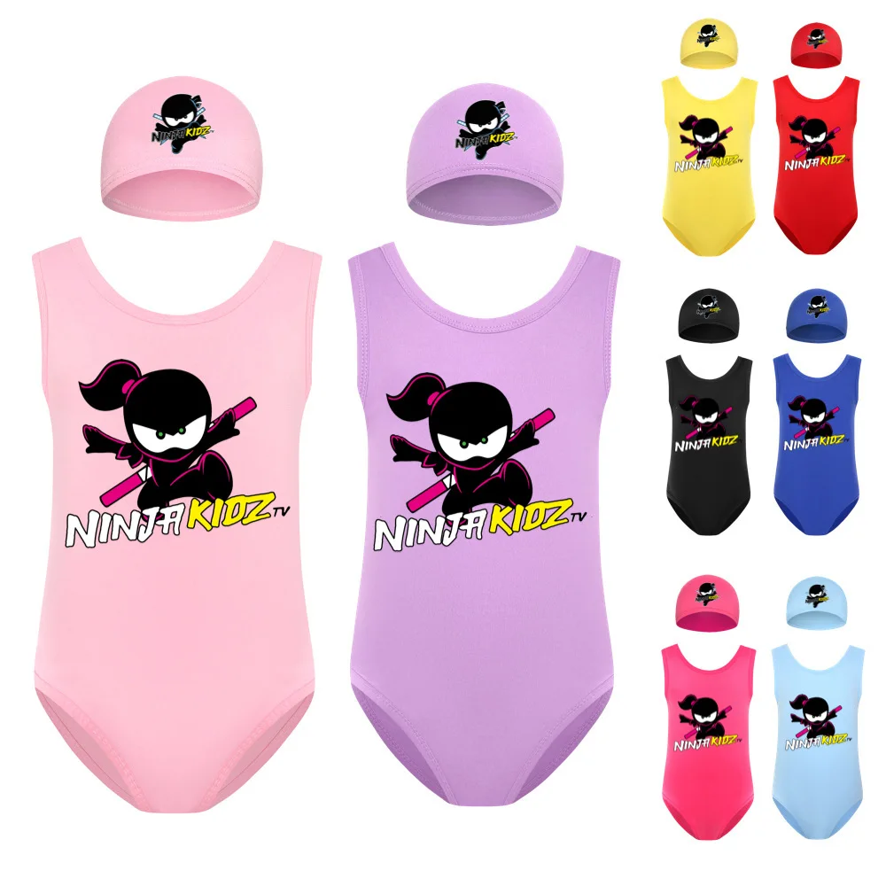 

Baby NINJA KIDZ Swimwear Toddler Girls Cartoon Swimsuit+cap 2pcs Set Kid Beach Wear Children Swimming Suit