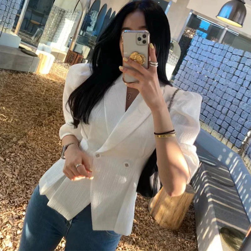 سترة صيفية أنيقة بأكمام قصيرة بتصميم يبرز الخصر، مزدوجة الصدر، مصنوعة من مزيج الصوف، أزياء نسائية عصرية للعمل