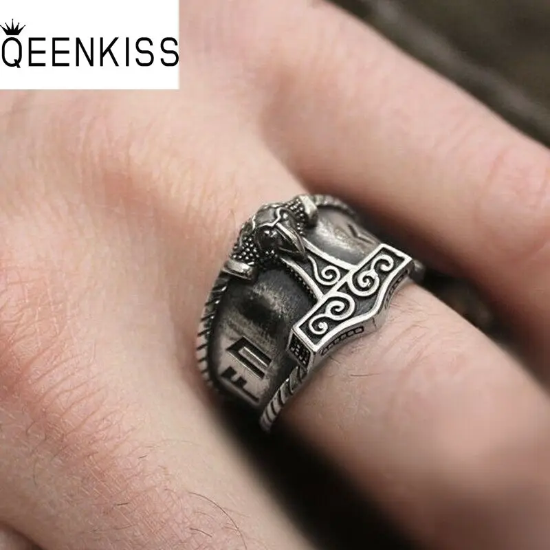 QEENKISS 925 Sterling Silver Viking Ring for Men Vintage Adjustable Ring Fine Jewelry Wedding Party Groom Father Boy Gift RG6969