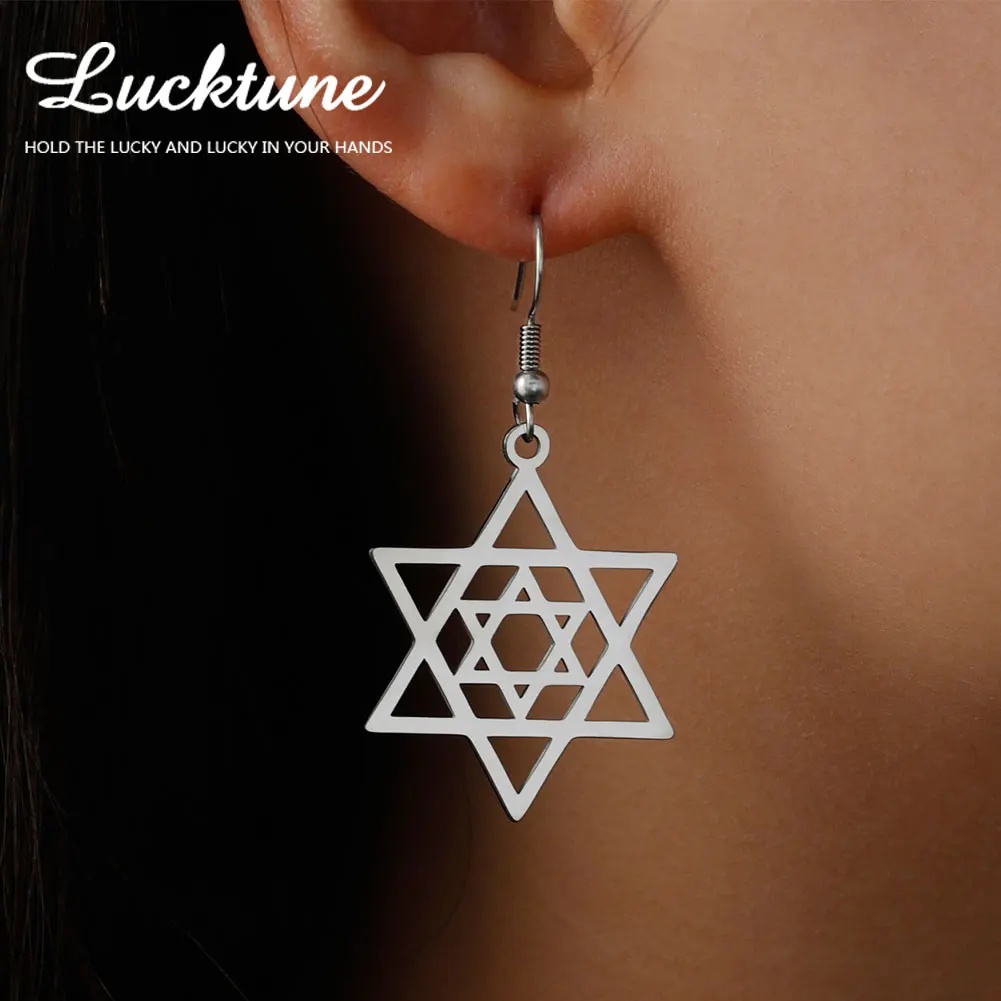 Lucktune Hollow Hexagon Star of David Earrings Stainless Steel Hexagram Six-pointed Star Earrings for Women Judaism Jewelry Gift