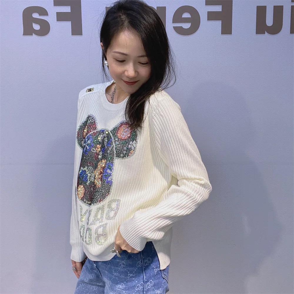Lantejoulas dos desenhos animados urso malha pulôver camisola topos para mulher casual o pescoço manga longa malhas de grandes dimensões moda coreana