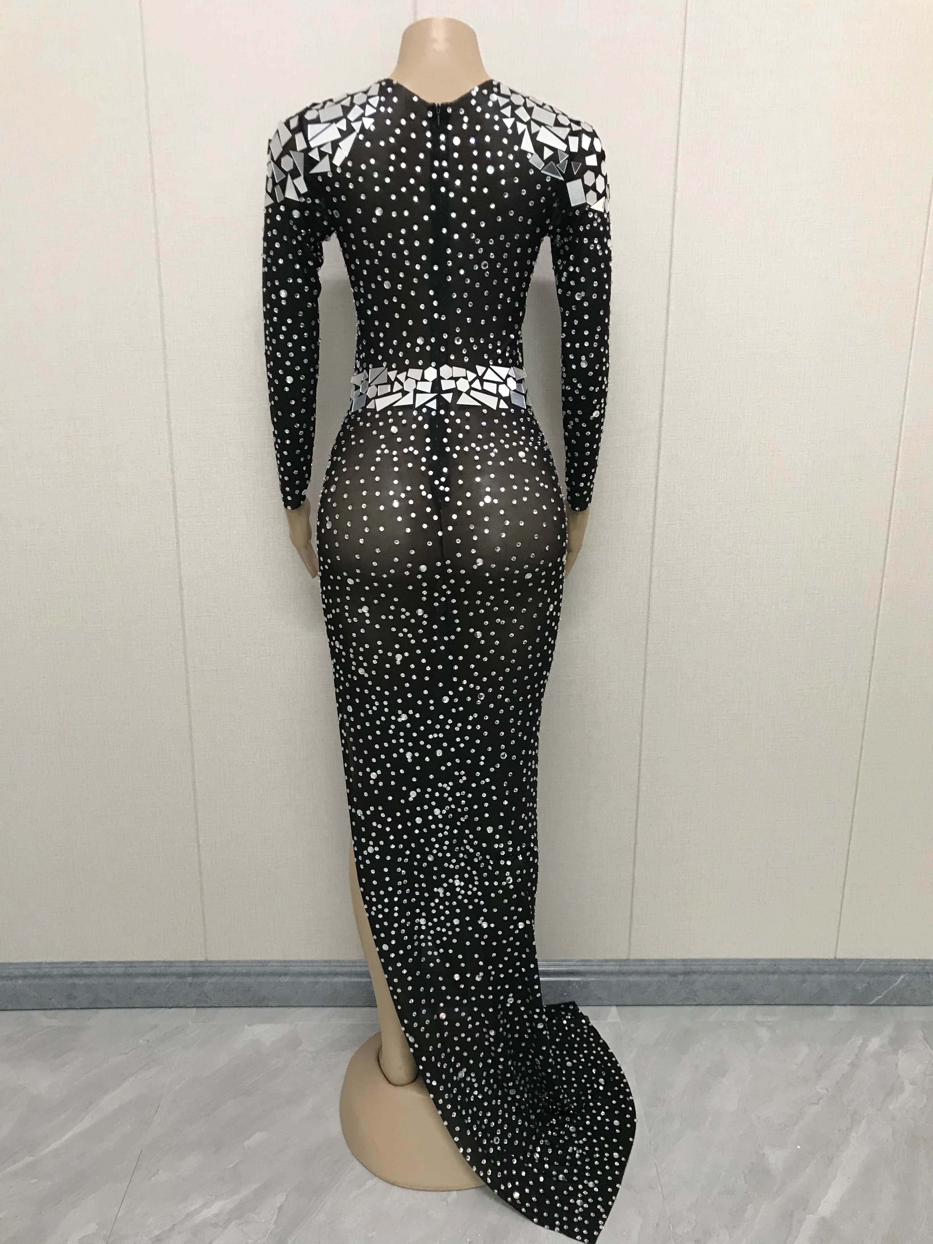 Shining Silver Rhinestone Black Mesh Transparent Evening Long Sleeves Mirrors Dress Evening Birthday Celebrate Costume Outfit