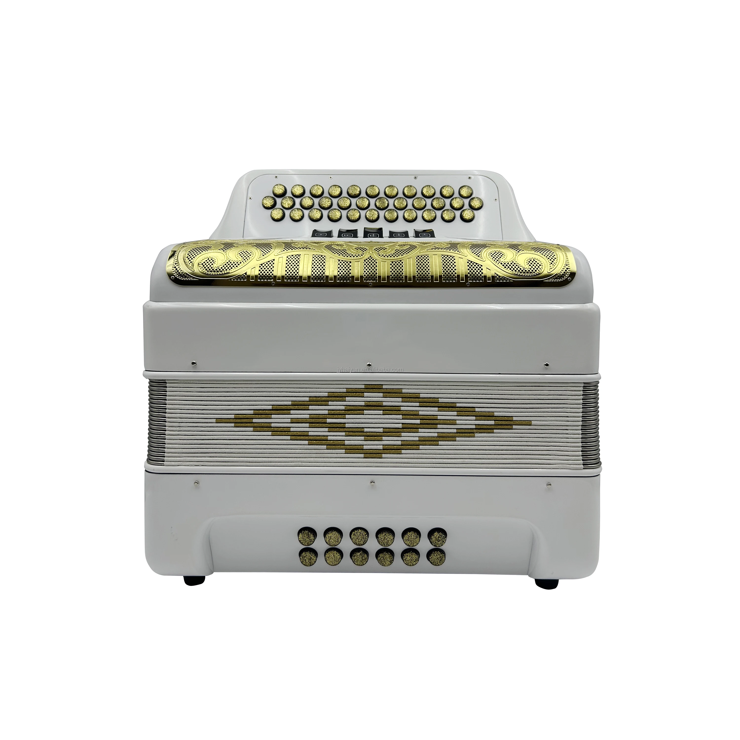 Professional 34-Button 12-Bass 5-Register JB3412D Diatonic Accordion Instrument Bright White Body Gold Grill