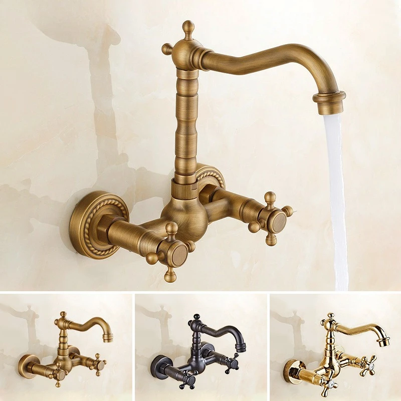 

Antique brass wall-mounted hot and cold washbasin faucet Wall-mounted wall-mounted household double-handle balcony washbasin fau