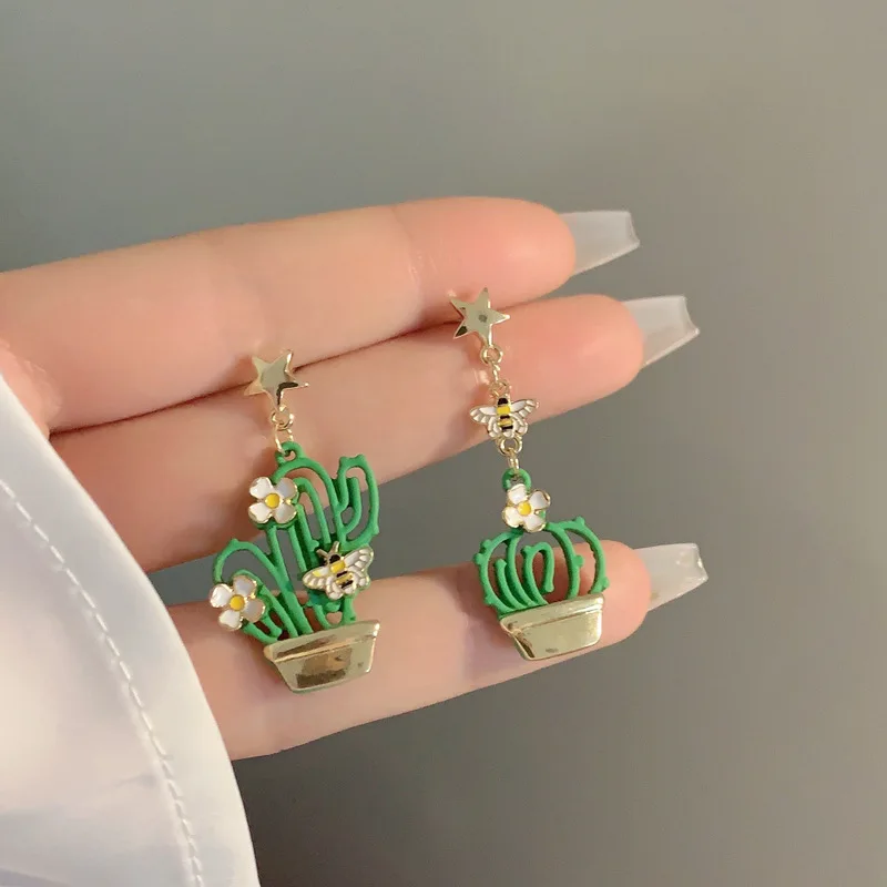 China-Chic Bamboo Panda Pearl Tassel Earrings for Women Girls Cute Asymmetric Plant Potted Cactus Drop Earrings Jewelry Gifts