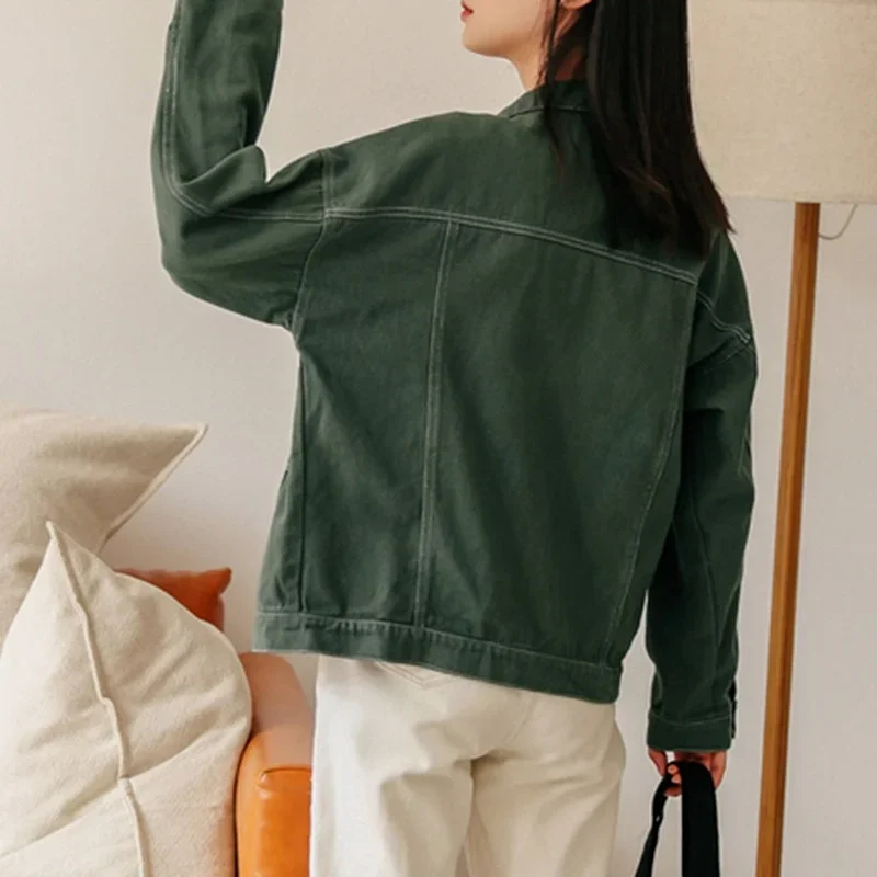 Female New Fashion Loose Single-breasted Lapel Solid Coats Women Autumn Winter Denim Jacket Long Sleeve Slim Outwear Streetwear