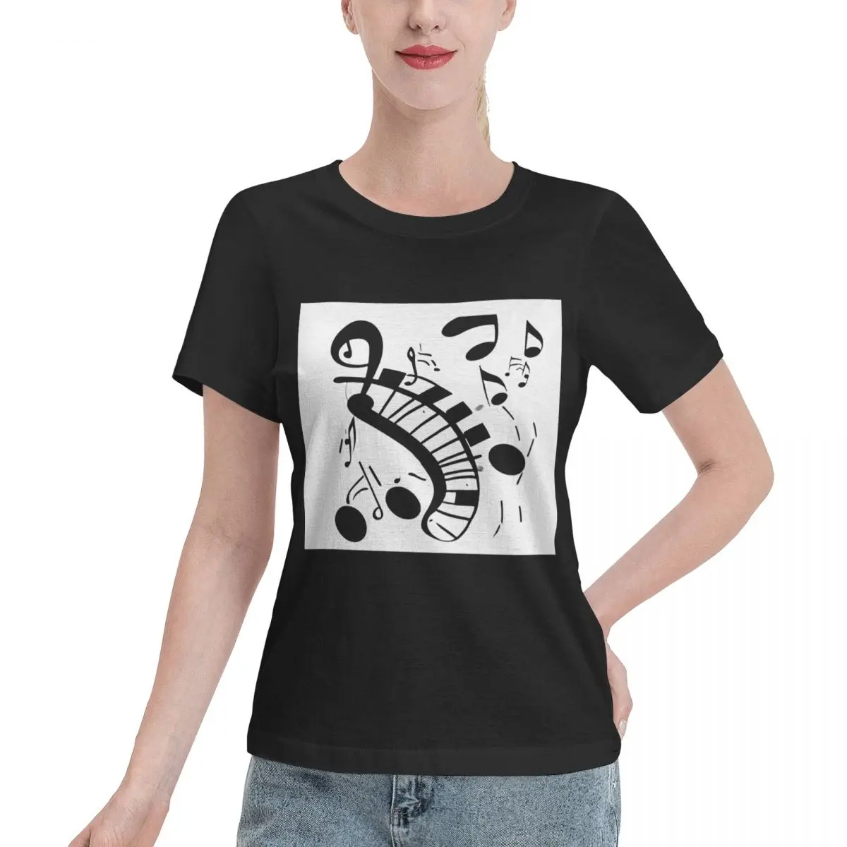 

Abstract Piano Keys With Musical Notes T-Shirt Women Short Sleeve T Shirts Round Neck Clothing Cotton Summer Tees Streetwear