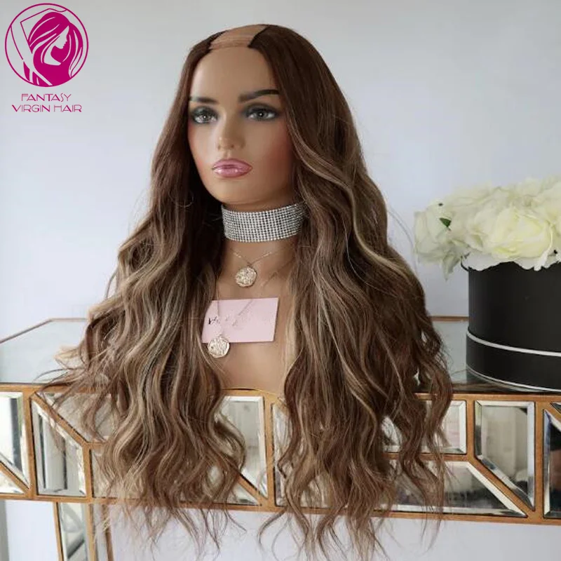 

Water Wave Real Human Hair Wig 200% Thick Density Ash Light BRown with Honey Blonde Highlights U Part Wig 2x4 Glueless Cheap Wig