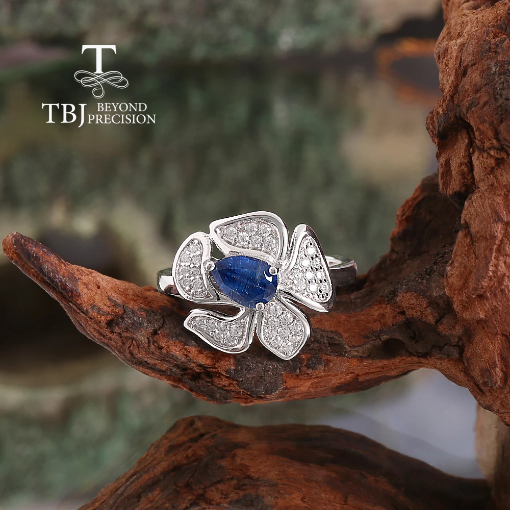 

TBJ,Noble 925 sterling silver women's ring natural pear 5*7mm blue kyanite Flower design fine jewelry for proposal wedding gifts