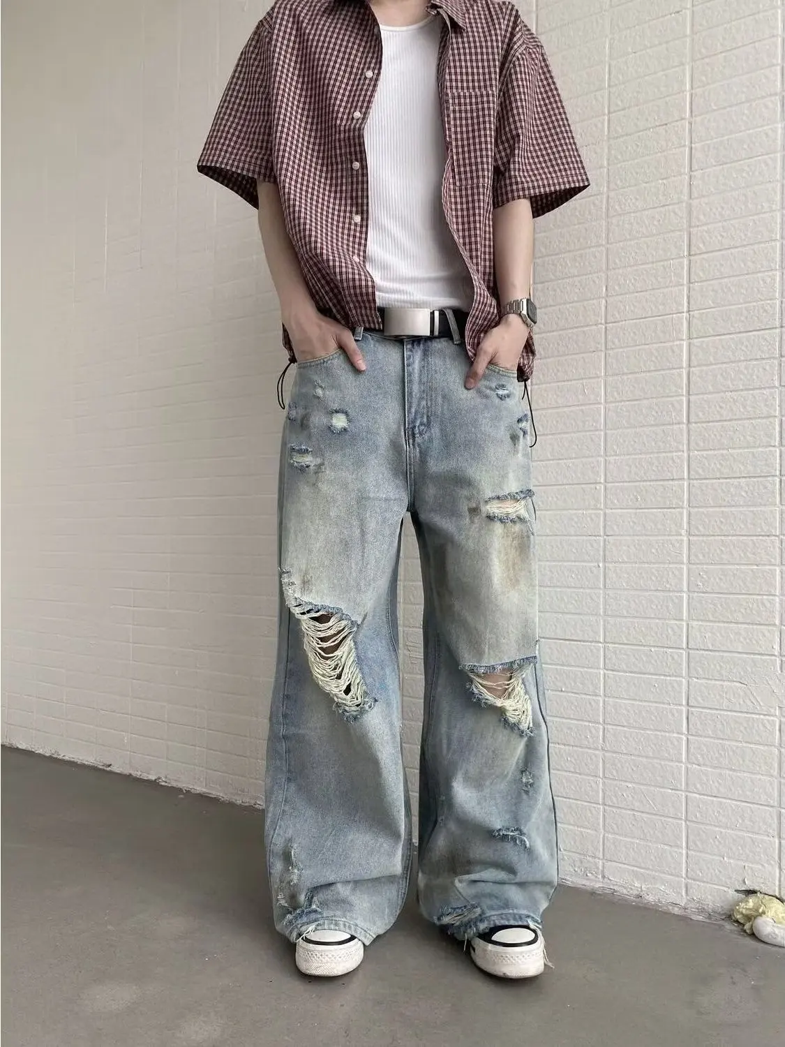 Calças Jeans American Street Style Azul Claro Rasgadas de Perna Larga Unissex Verão High Street Efeito Emagrecedor Caimento Fluido Reto Comprimento Lo