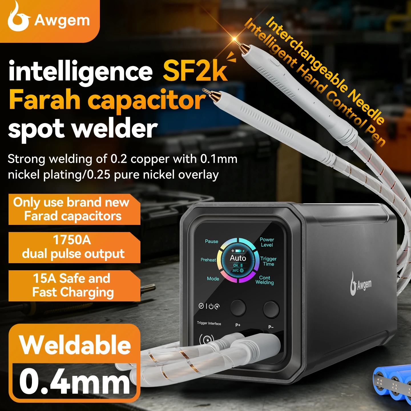 Awgem SF2K Supercapacitor Spot Welder 1750A Dual Pulse 15A Fast Charge for 18650 Battery Packs Nickel Strips DIY Welding Machine