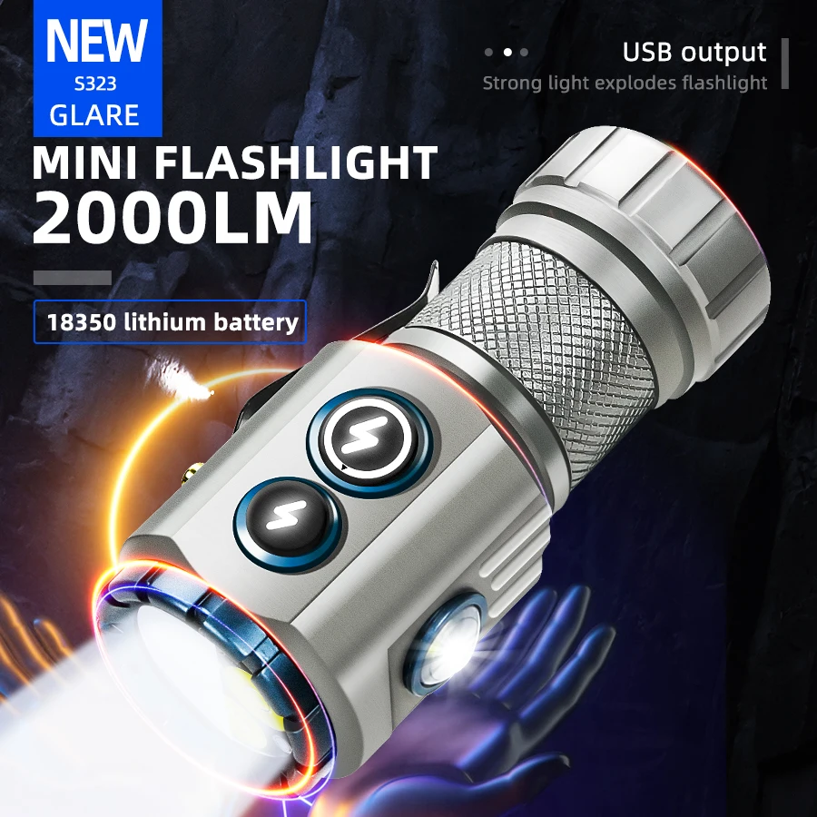 

Мини-светодиодный фонарик 2000LM, USB перезаряжаемый фонарик, солнечная зарядка с хвостовым магнитом, RGB боковой фонарь, уличный аварийный фонарь для кемпинга