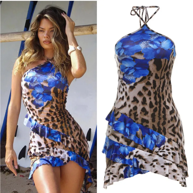 

Sexy Leopard Print Women's Dress 2024 Summer Patchwork Backless Chest Wrapped Blue Short Skirt Beach Vacation Hip Wrapped Dress