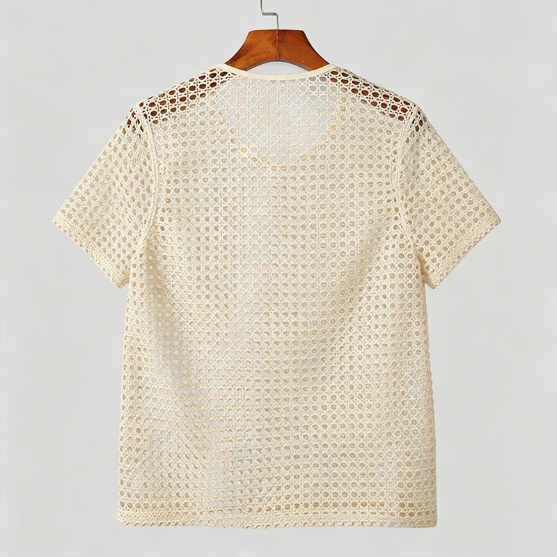 Herren Ausgehöhltes Häkel-Strick-T-Shirt Rundhals Kurzarm Durchsichtiges Netz-Oberteil Atmungsaktives Vintage Strand-Party Freizeit-T-Shirt S-2XL – Detail 5