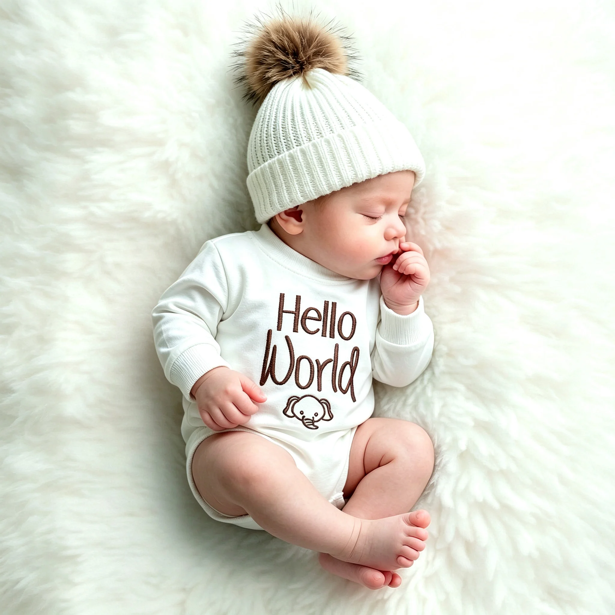 Newborn Baby Outfit Set ”Hello World“ Embroidery Long Sleeve Bodysuit with Knit Hat Infant Photography Costume Baby Shower Gift
