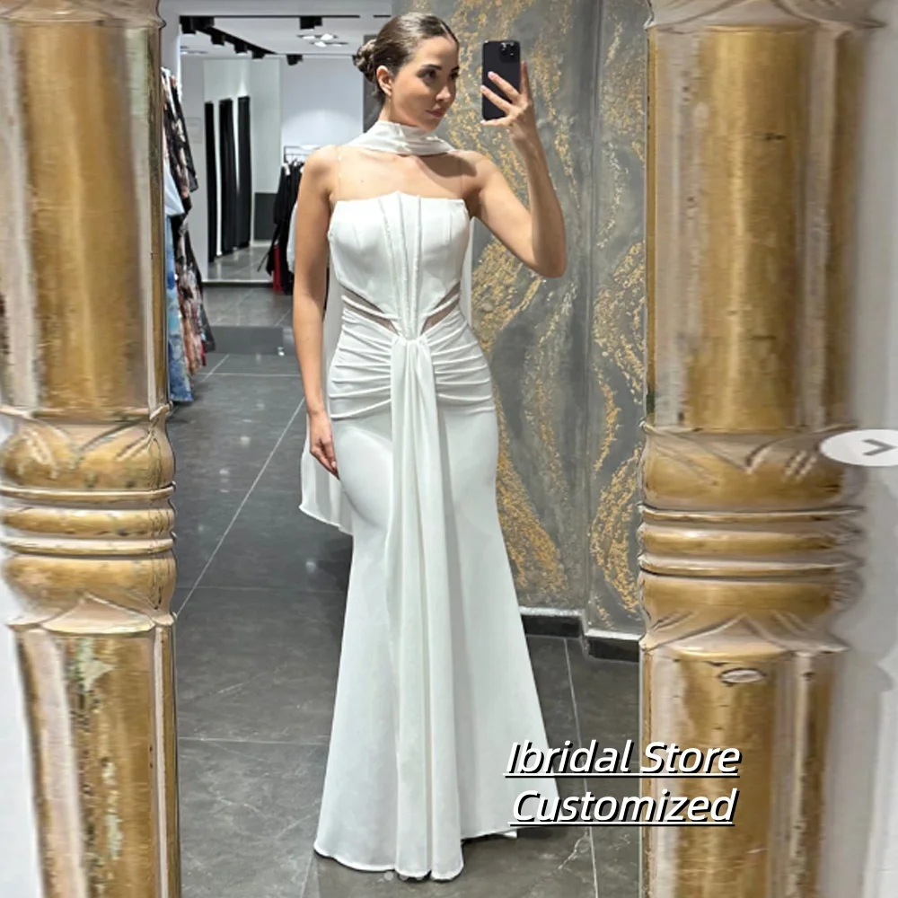 

Customized Strapless Beaded Cut-out Pleats Evening Dress Elegant Sleeveless Crepe Mermaid Prom Dress Formal Party Gown