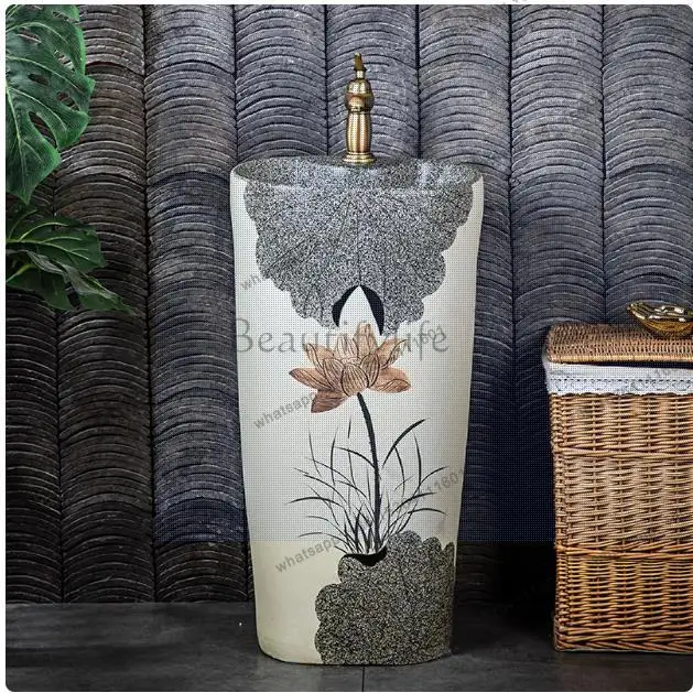 Ceramic Pedestal Basin Bathroom Small Apartment Washbasin Integrated Sink Courtyard Outdoor Floor-standing Wash Basin