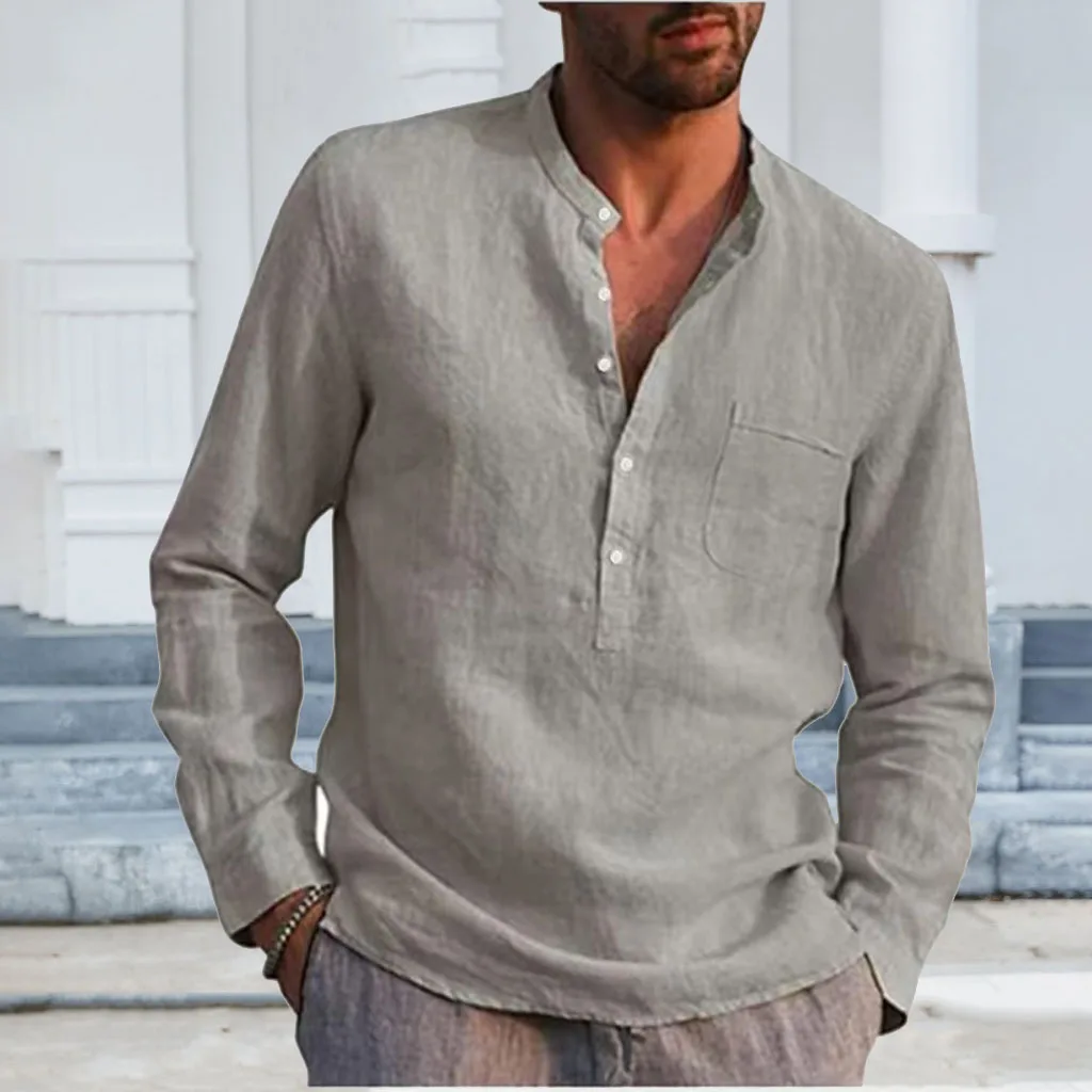 

Хлопково-льняные мужские рубашки с длинными рукавами, летние однотонные рубашки с воротником-стойкой, повседневный пляжный стиль, большие размеры