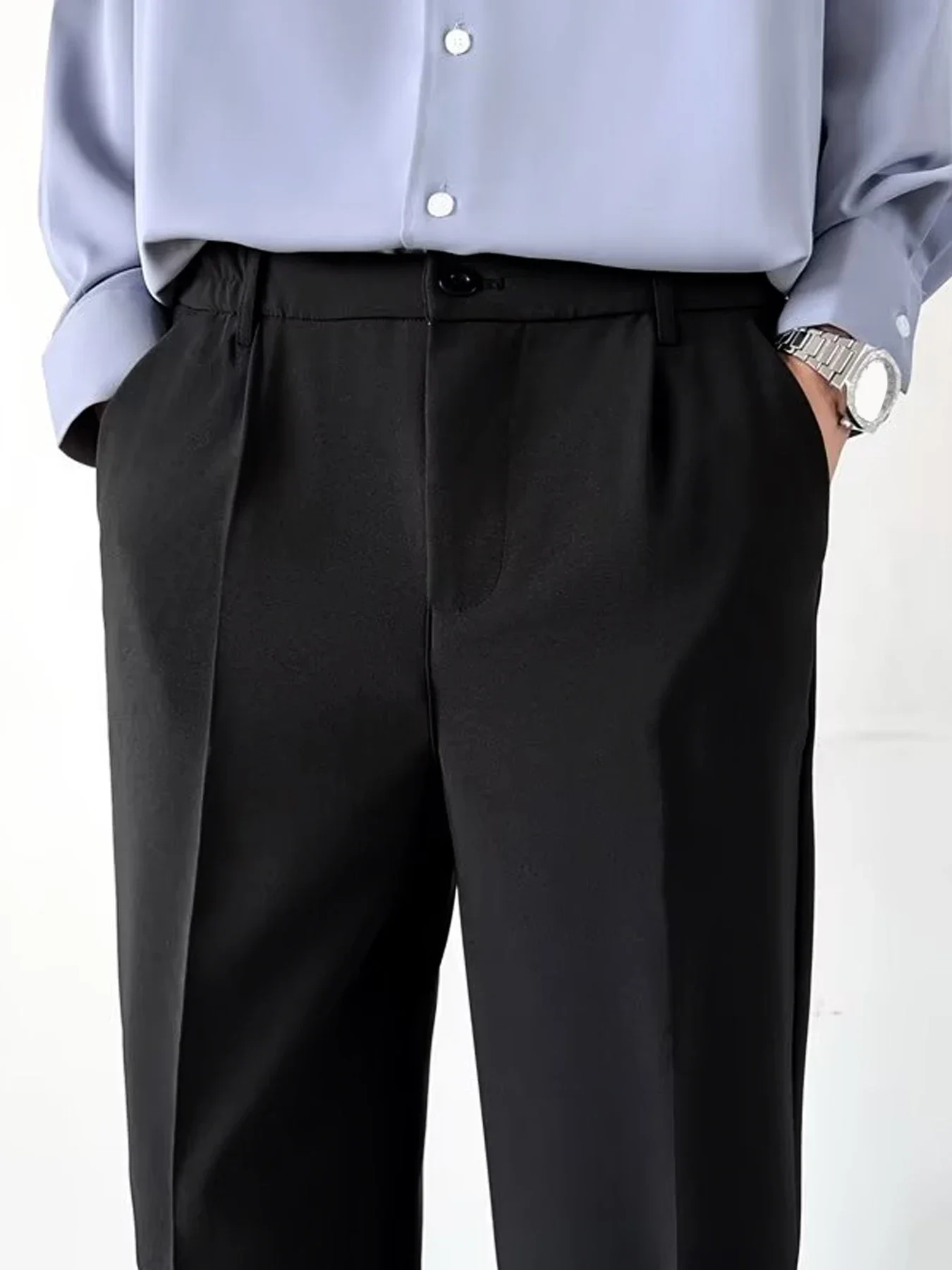 Summer thin ice silk pants, casual long pants, draped straight leg suit pants, men\'s trend loose leg suit floor mop pants