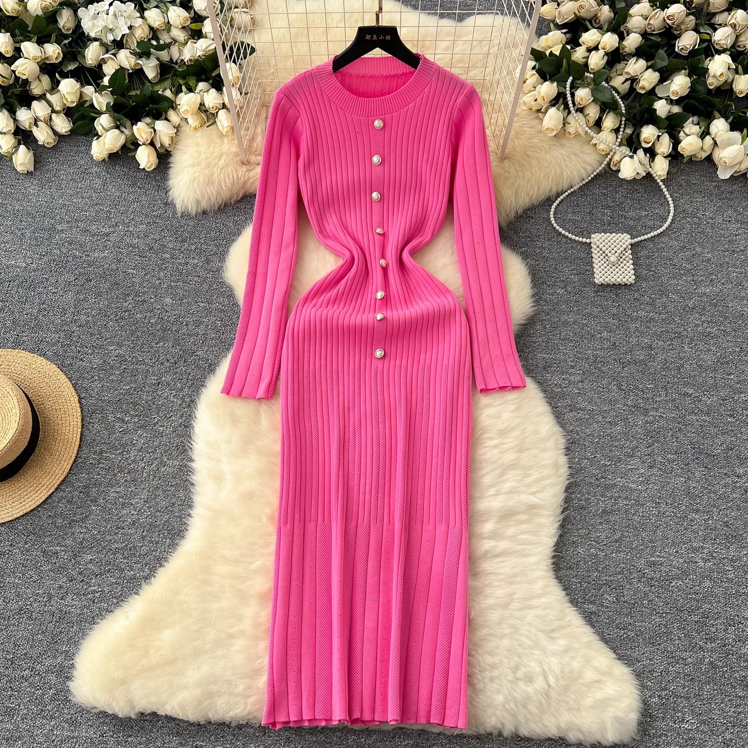 YuooMuoo Damenkleider 2026 Neue Herbst-Winter-Kollektion Elegantes O-Ausschnitt-Kleid mit Knöpfen, Geripptes Strick-Bodycon-Maxikleid, Schickes Bürokleid für Damen