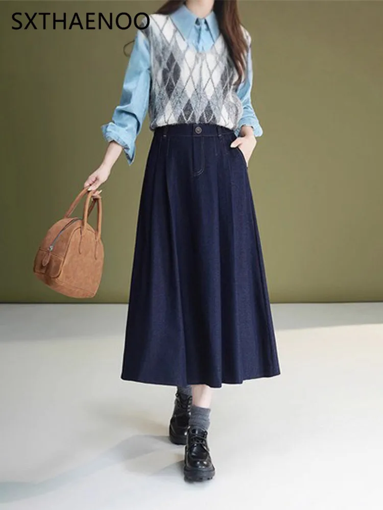 

SXTHAENOO High Waist Vintage Denim Women's Umbrella Skirts Pockets Single Button Casual Loose A-line Long Skirts Female 2025
